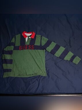 GUESS Green, Navy & Red Striped Rugby Polo